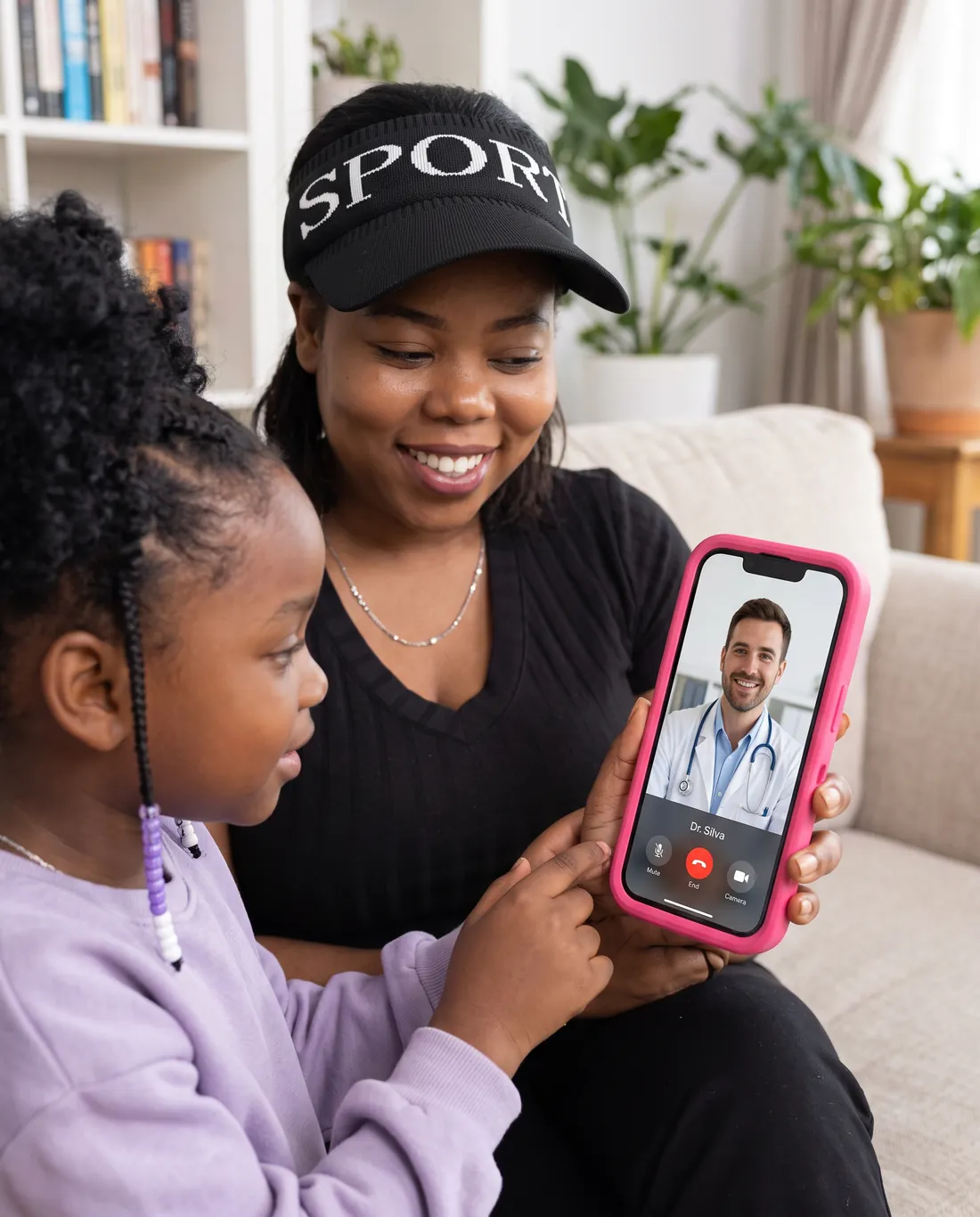 Mãe e filha conversando com um médico por videochamada no celular