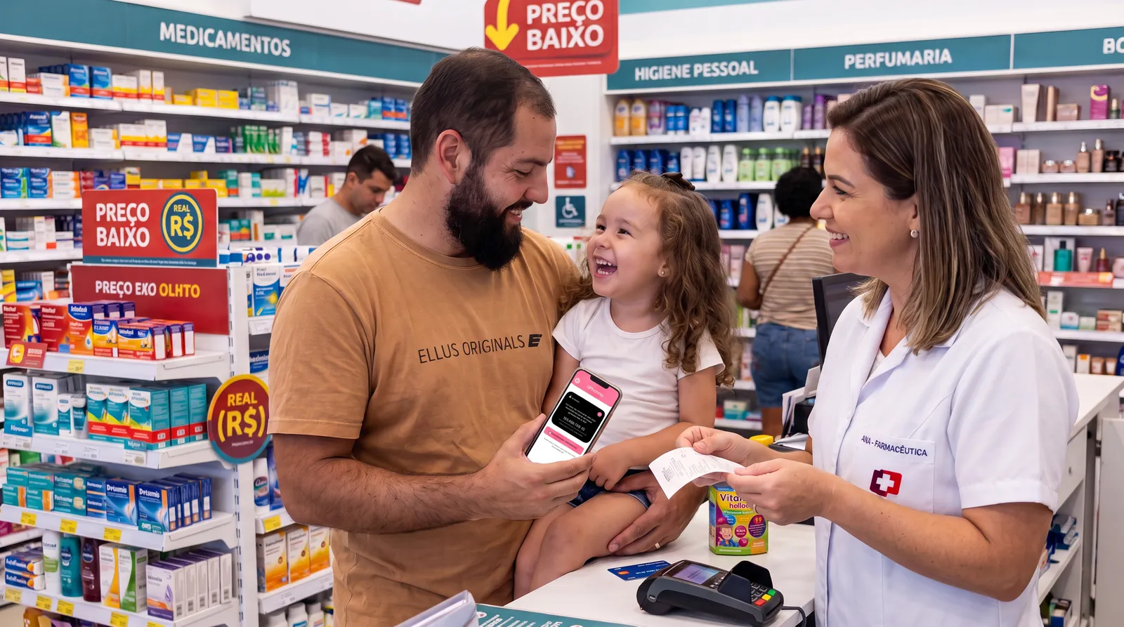 Pai com a filha no colo mostra o app Dr. Pronto à farmacêutica no caixa